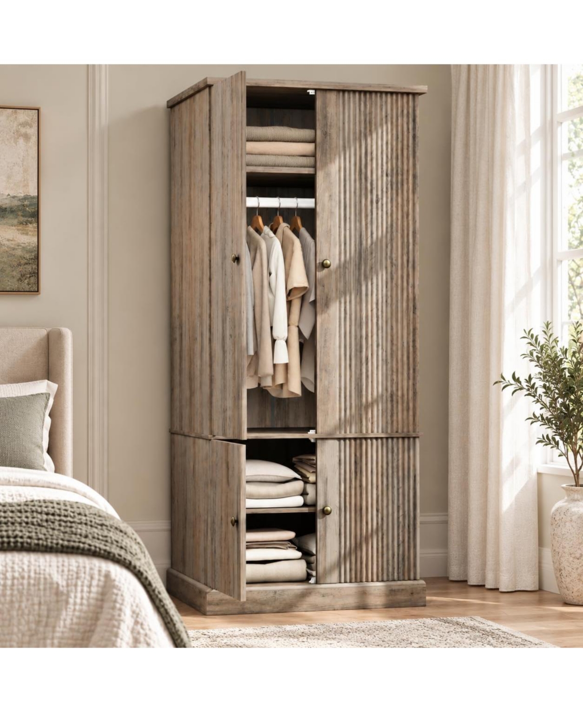 gaomon 72 Inch Wooden Armoire Wardrobe Closet With Fluted Panel, 4 Doors, Farmhouse Style, Hanging Rod and Adjustable Shelves With Soft-Close Hinges -