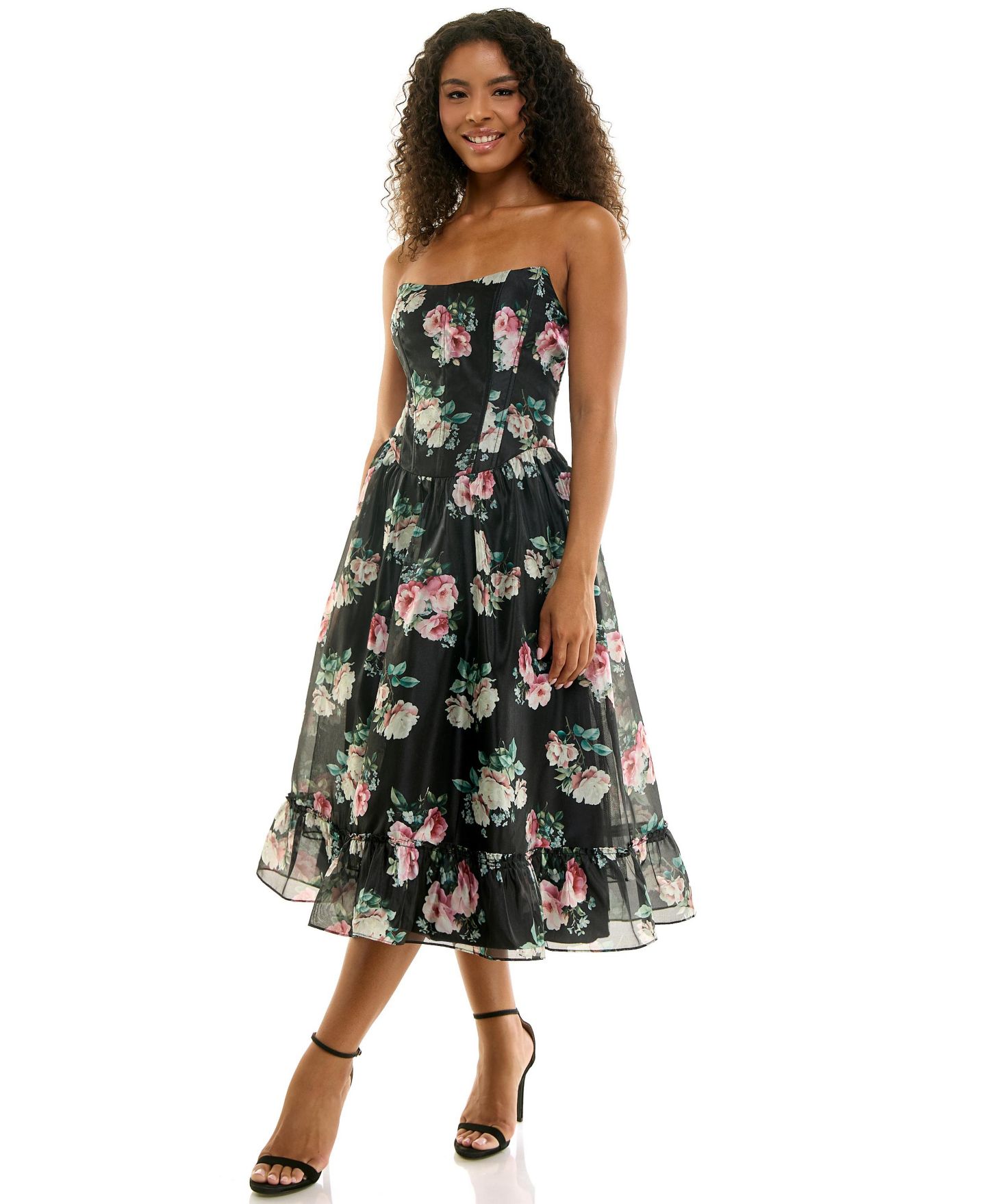 Женское платье SENI & CADE Juniors' Floral Corset-Detailed Midi, цвет: Чёрный / Зелёный — фото 2
