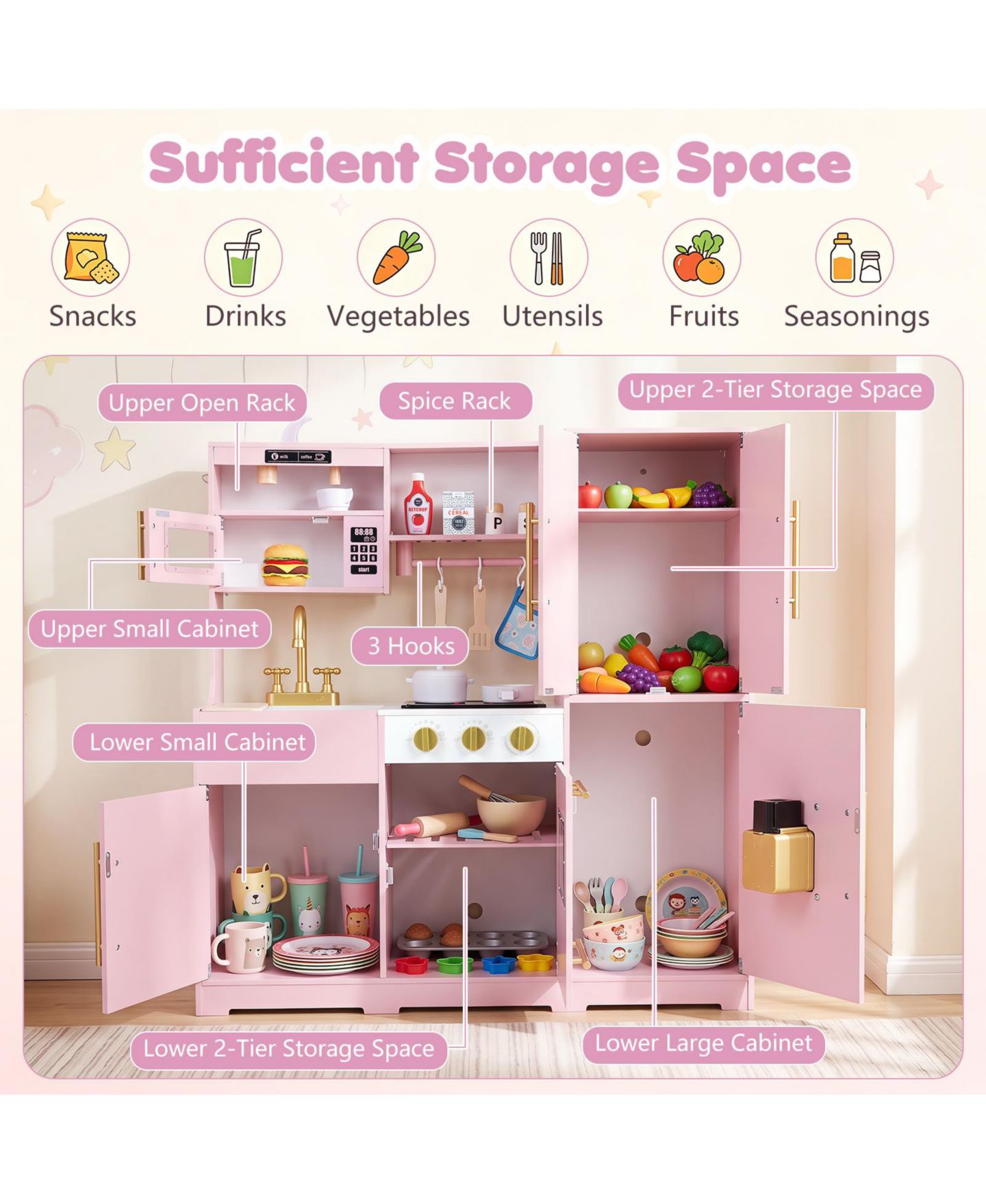 Детская игрушка Costway Wooden Play Kitchen with Realistic Lights and Sounds, от 3 лет, цвет: Розовый — фото 6