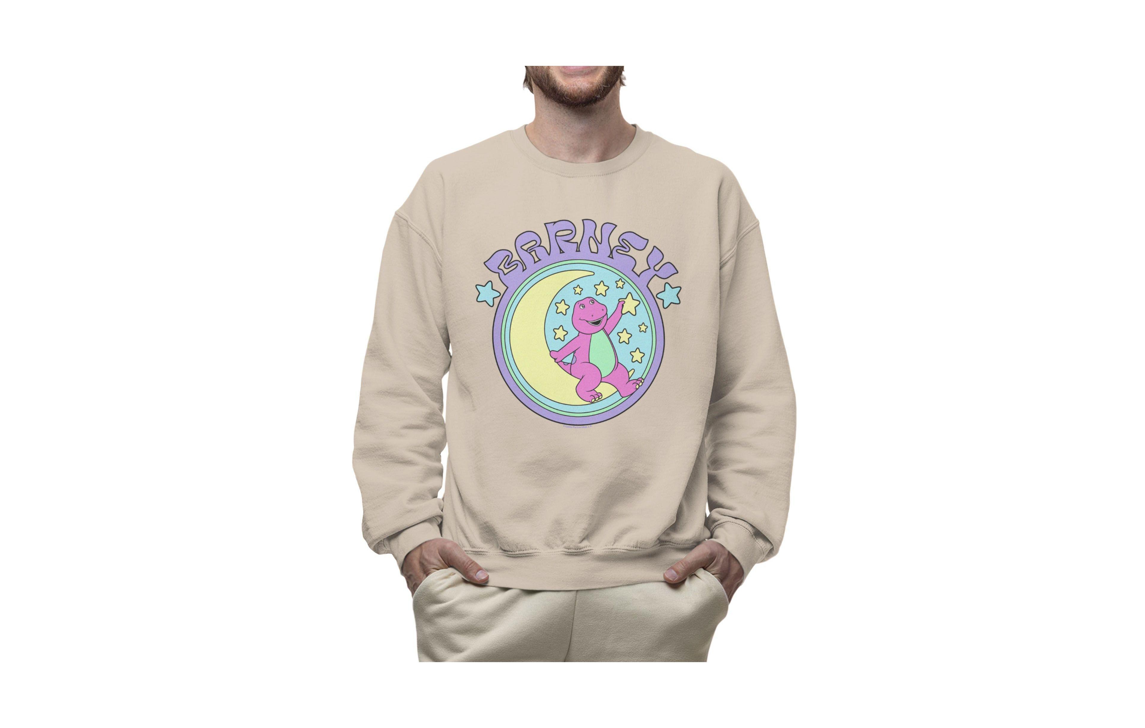 Barney Men's Sitting on Crescent Moon Starry Sky Graphic Long-Sleeve Sweatshirt