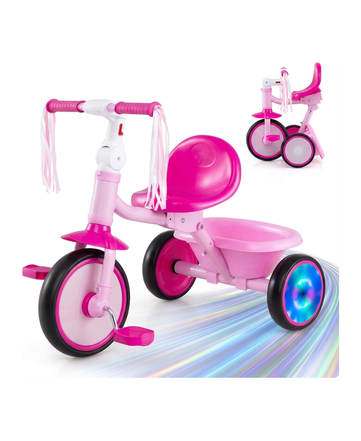 Mecale Foldable Toddler Light-Up Wheels Tricycle, Supports Up to 55 lbs, Ages 2-5 - Pink