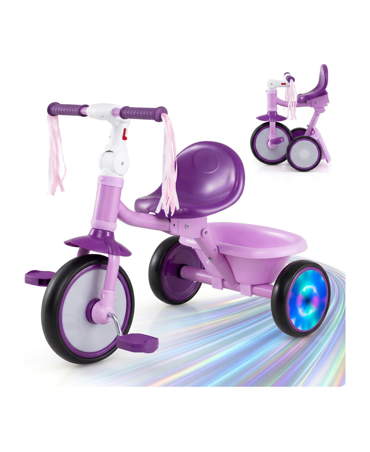 Mecale Foldable Toddler Light-Up Wheels Tricycle, Supports Up to 55 lbs, Ages 2-5 - Purple