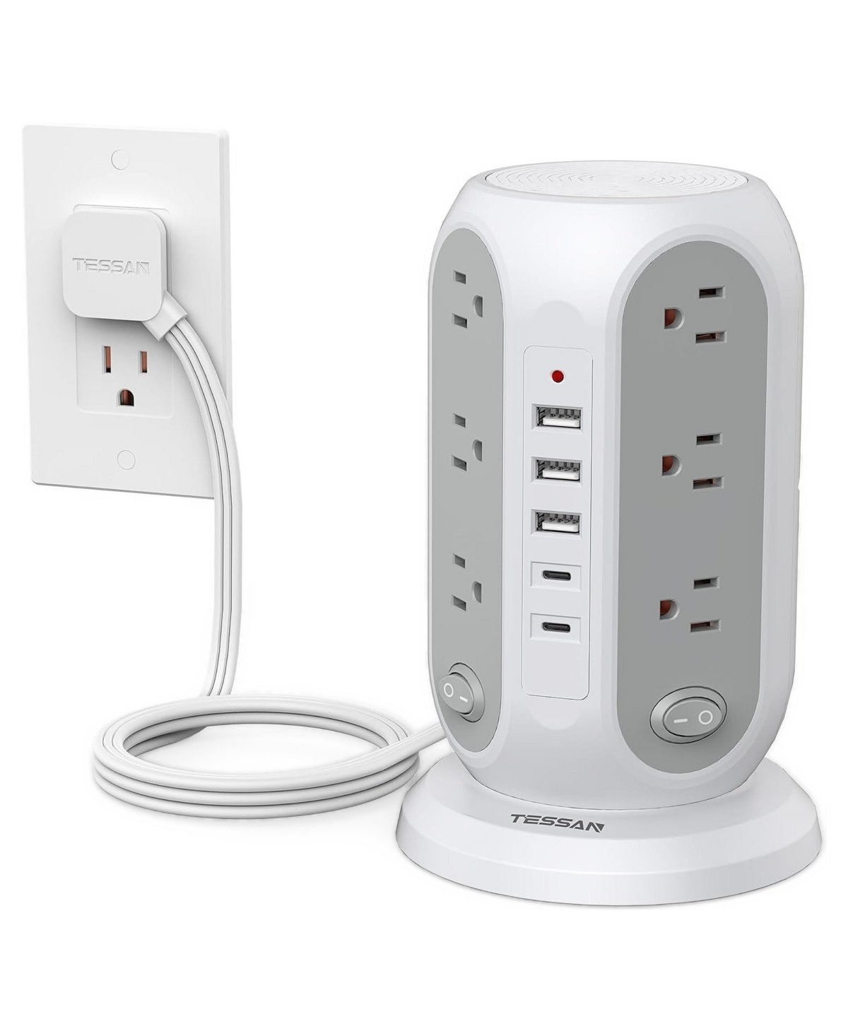 Tessan Tower Power Strip with 12 Ac Outlets and 5 Usb Ports [Compatible with phones, tablets, and compatible North American plugs] - Grey