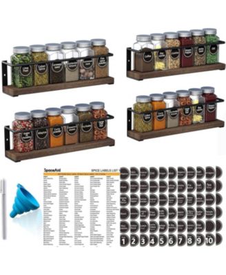 4-Pack Hanging Spice Rack Set with 24 Glass Jars, 386 Waterproof Labels, Chalk Marker and Funnel