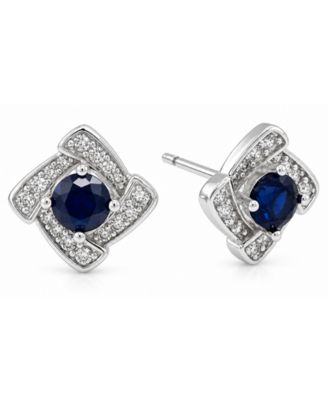 Blue Glass & Cubic Zirconia Square Halo Stud Earrings in Silver-Plate