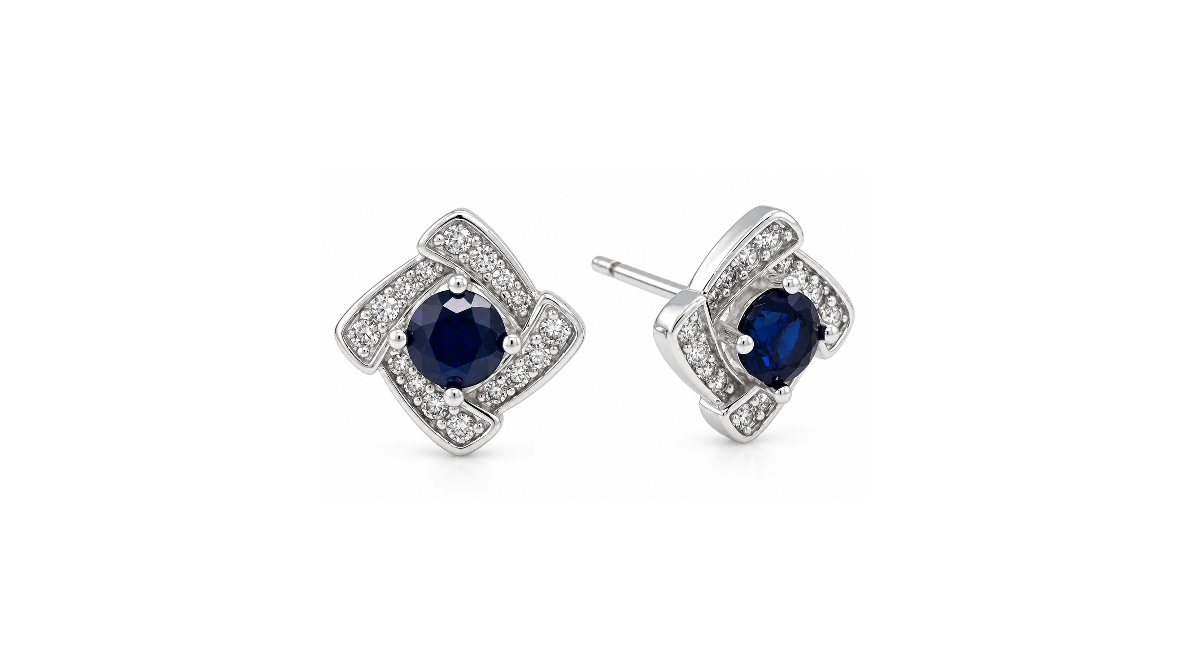 Blue Glass & Cubic Zirconia Square Halo Stud Earrings in Silver-Plate