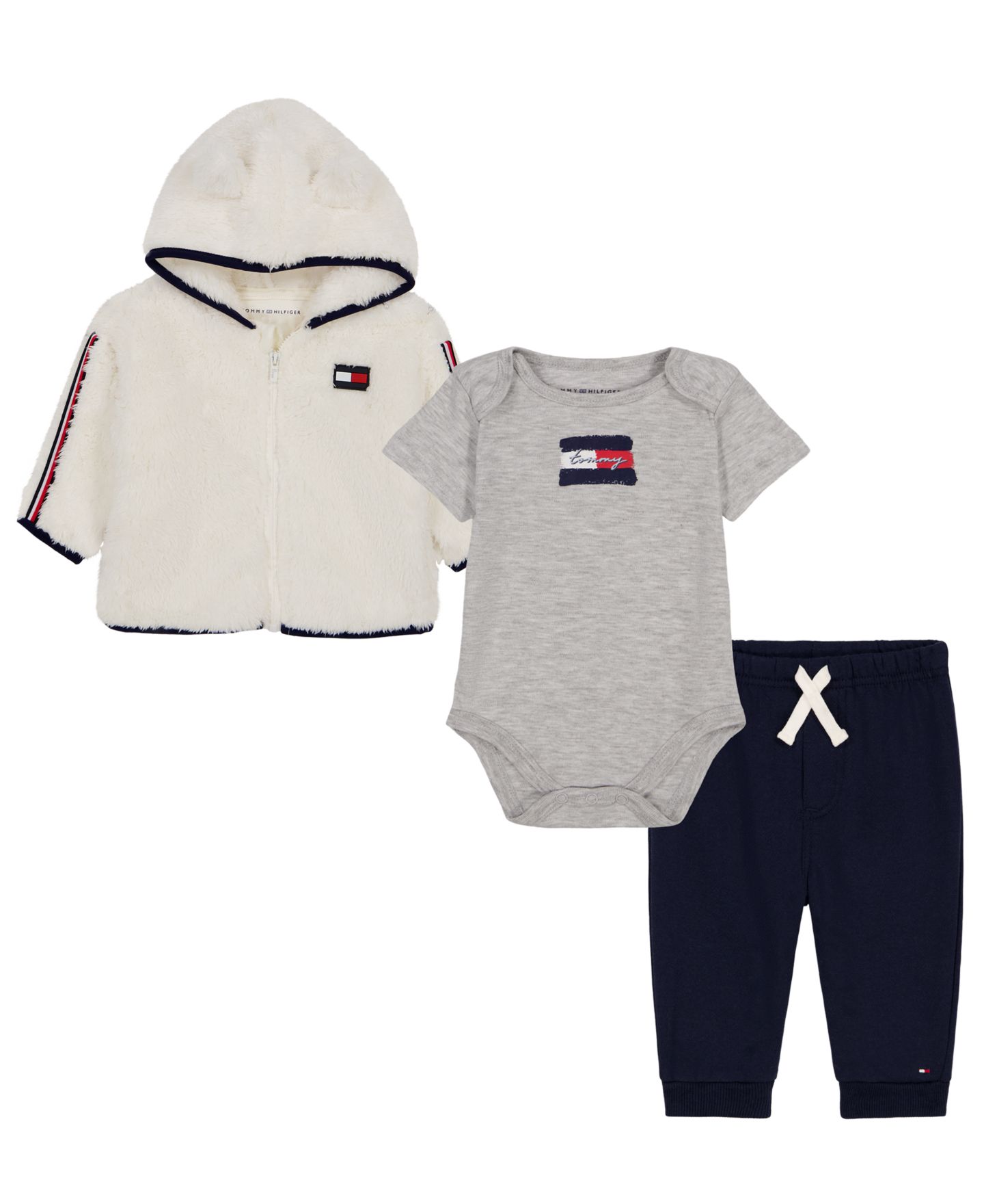 Tommy Hilfiger Baby Boys' Sherpa Hooded Hoodie, Logo T-Shirt and Pants, 3-Piece Set, цвет: Ванильный / Тёмно-синий — фото 1
