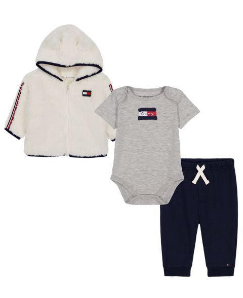 Tommy Hilfiger Baby Boys' Sherpa Hooded Hoodie, Logo T-Shirt and Pants, 3-Piece Set, цвет: Ванильный / Тёмно-синий