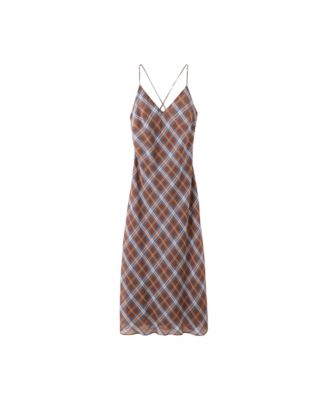 Women's V-Neck Cross-Back Plaid Midi Slip Dress
