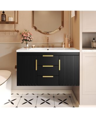 36 Inch Floating Bathroom Vanity, MDF Cabinet, Resin Integrated Sink, 8-Inch Faucet Center