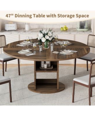 47.24 Inch Round Dining Table with Double Storage Shelves, MDF Round Pedestal Table Seats 4-6 for Kitchen Dining Room