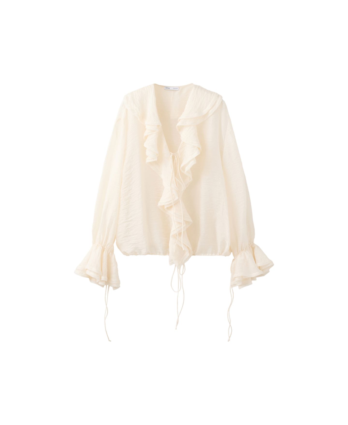 Женская блузка Mango Ruffled V-Neck Long-Sleeve, цвет: Экрю — фото 1