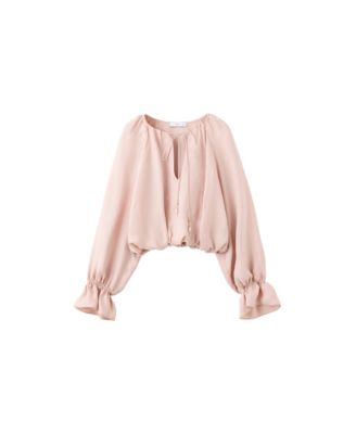 Women's Lyocell Crop Long-Sleeve Gathered-Waist Blouse
