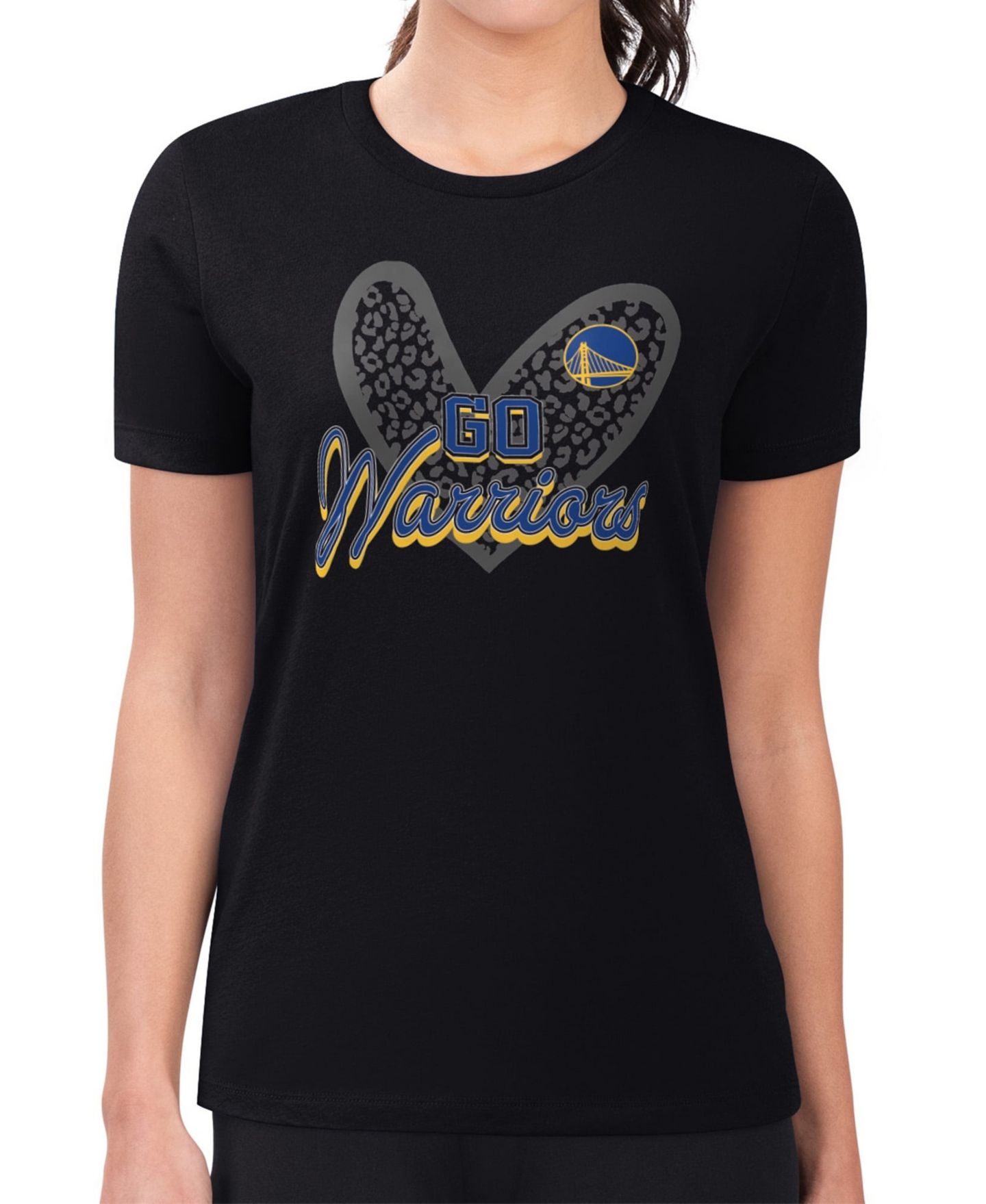 Женская футболка G-III 4Her by Carl Banks Black Golden State Warriors Super-Slim Fit Lightweight Leopard Heart — фото 1