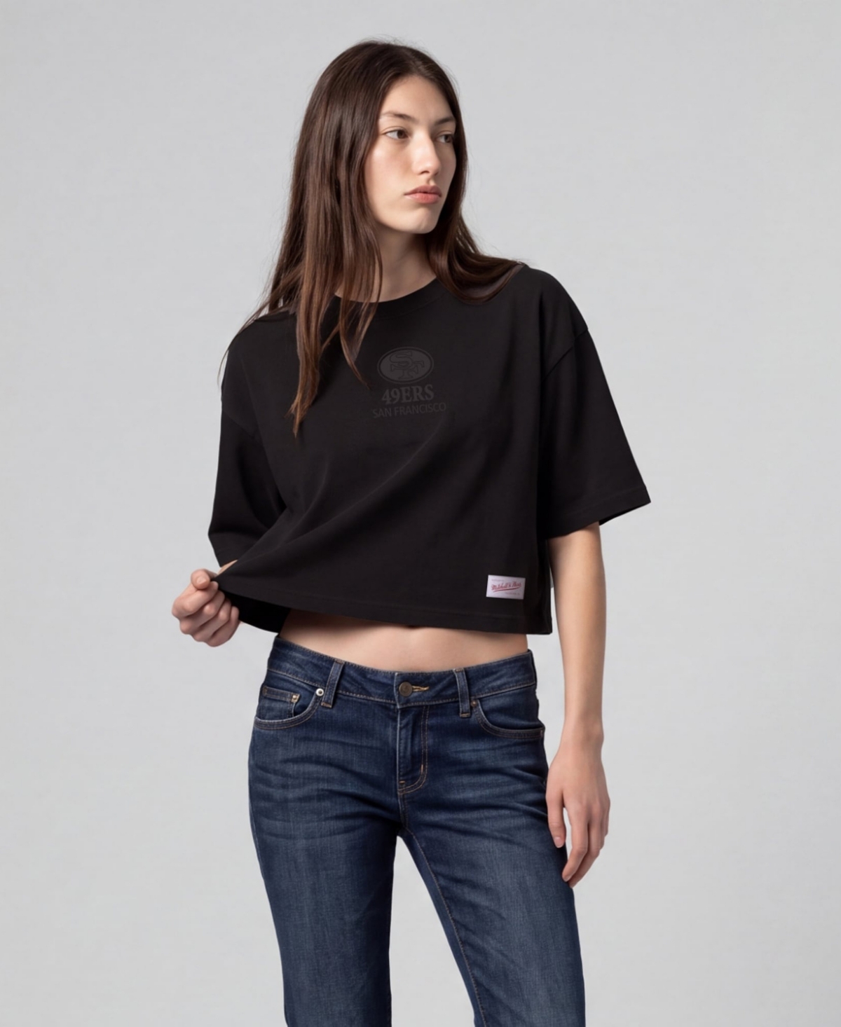 Mitchell & Ness Women's Black San Francisco 49ers Core Essentials Micro Logo Boxy Crop T-Shirt - Black