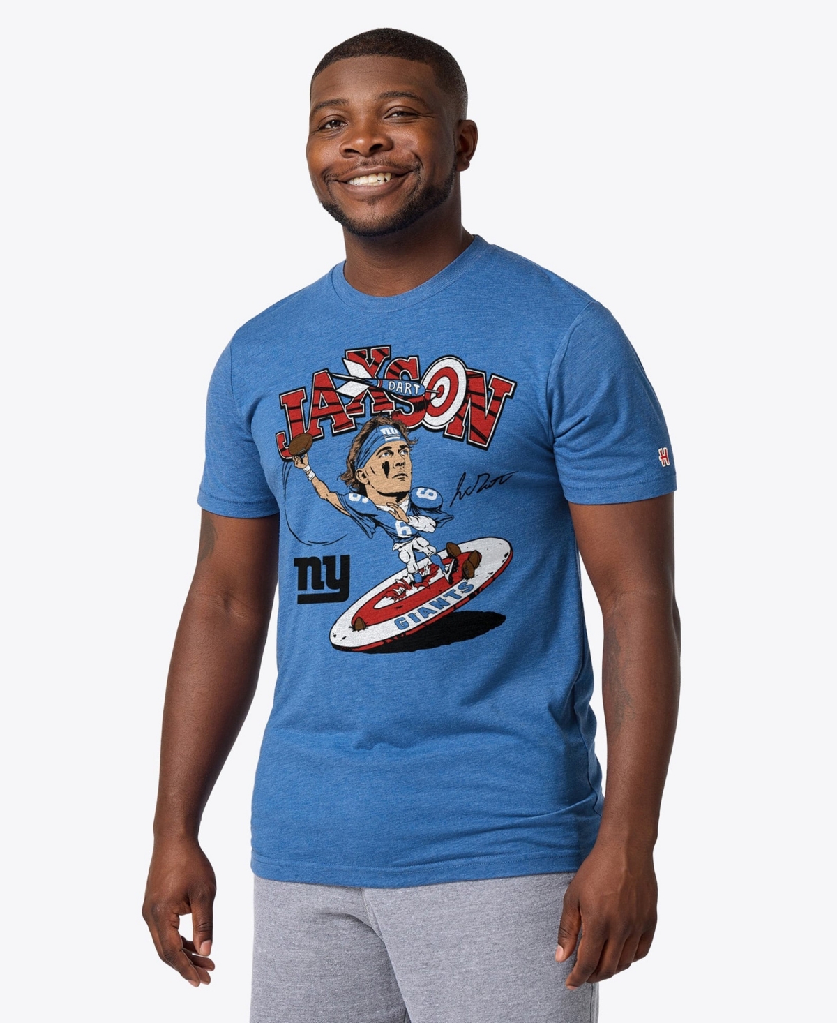 Homage Men's and Women's Jaxson Dart Royal New York Giants Caricature Player Graphic Tri-Blend T-Shirt - Royal