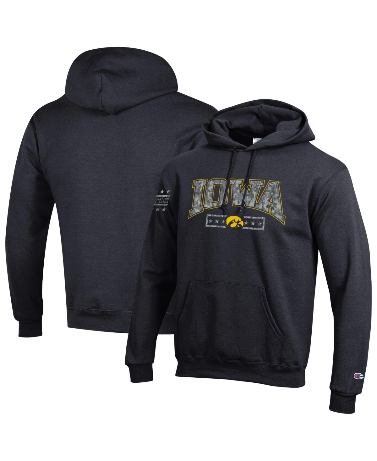 Champion Men's Black Iowa Hawkeyes Operation Hat Trick Camo Script Power blend Fleece Hoodie - Black