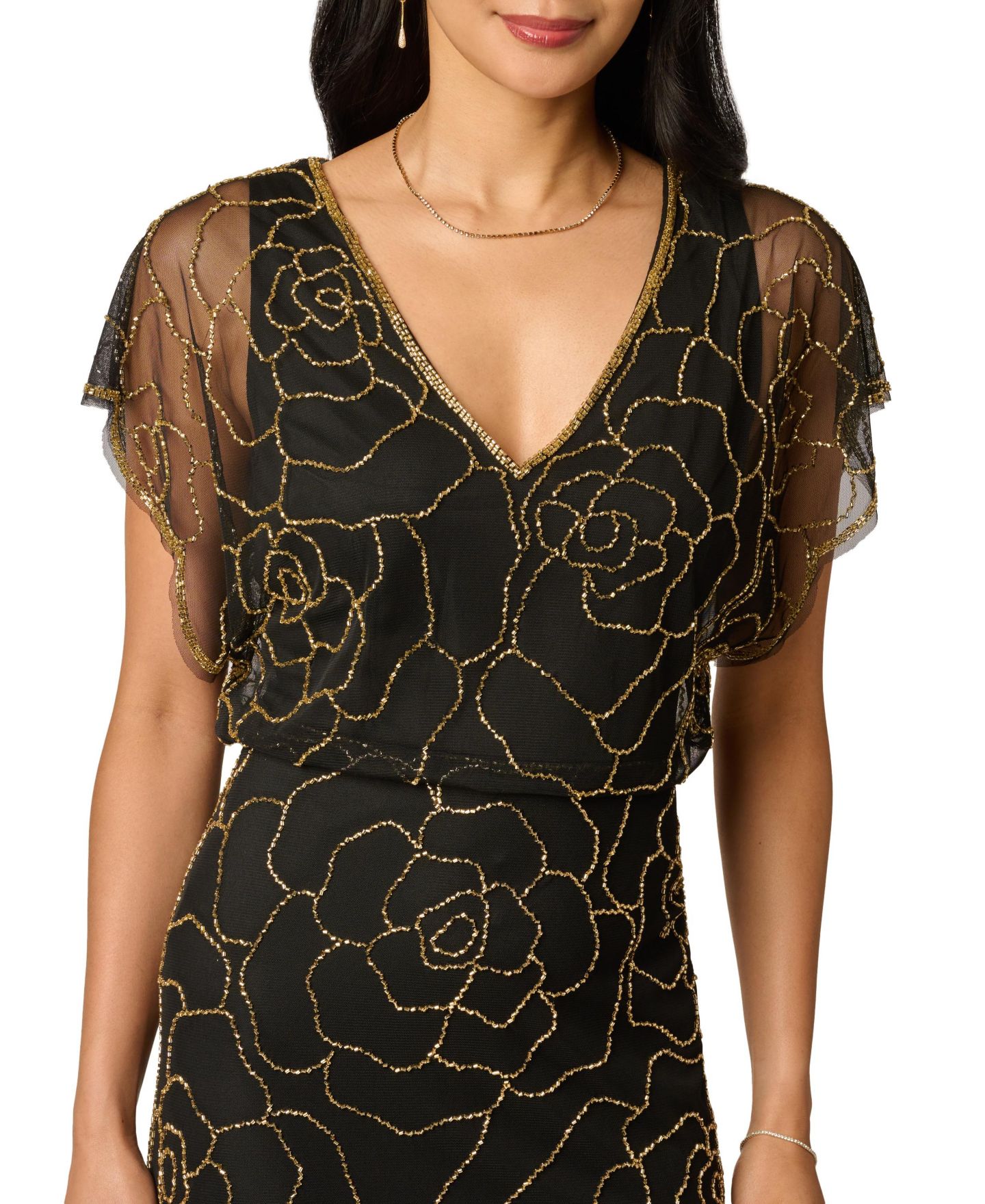 Женское платье Adrianna Papell Bead Blouson V-Neck Long, цвет: Чёрный золотой — фото 3