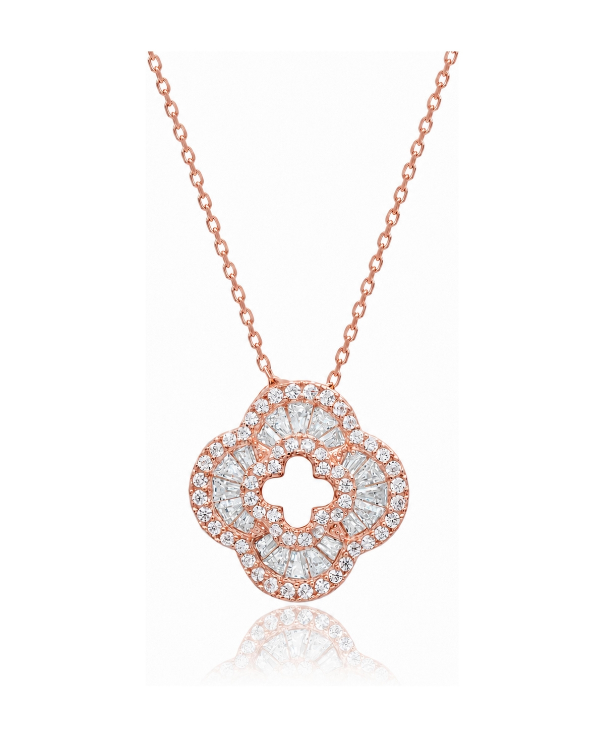 Suzy Levian Sterling Silver Cubic Zirconia Baguette Pave Flower Clover Pendant Necklace - Rose
