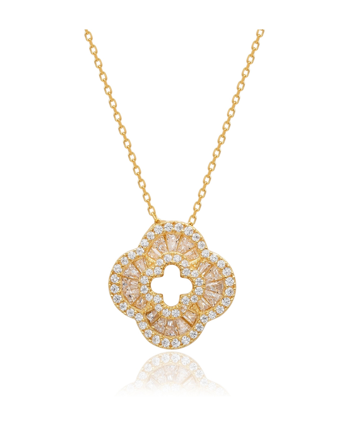 Suzy Levian Sterling Silver Cubic Zirconia Baguette Pave Flower Clover Pendant Necklace - Gold