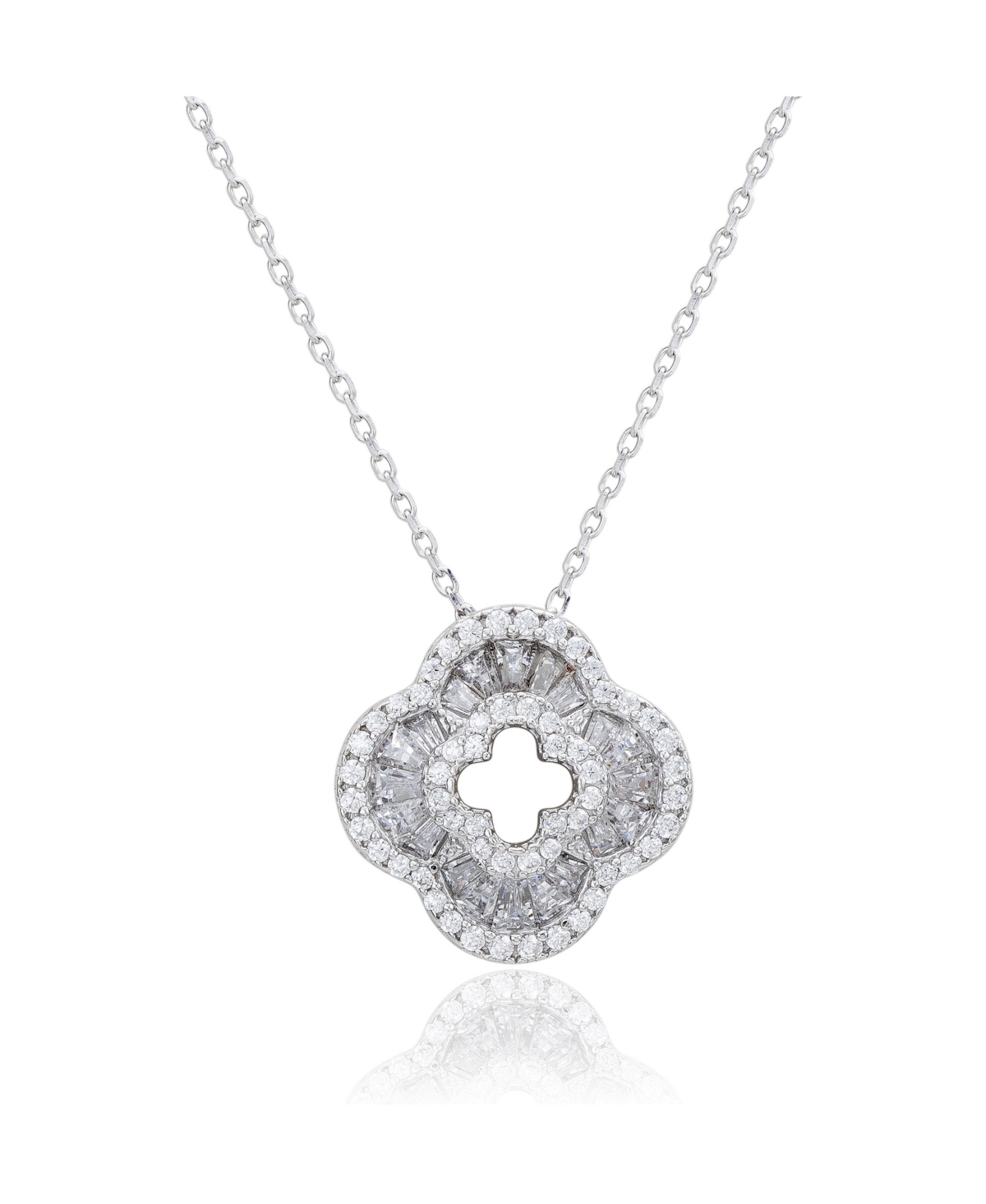 Suzy Levian Sterling Silver Cubic Zirconia Baguette Pave Flower Clover Pendant Necklace - White