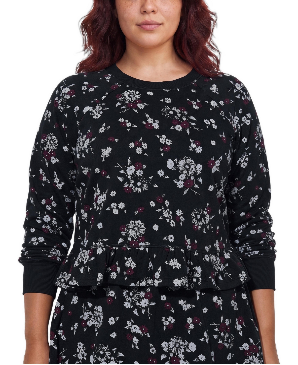 Torrid Plus Size LoveSick Cropped Ruffle-Hem Pullover - Nettie floral black