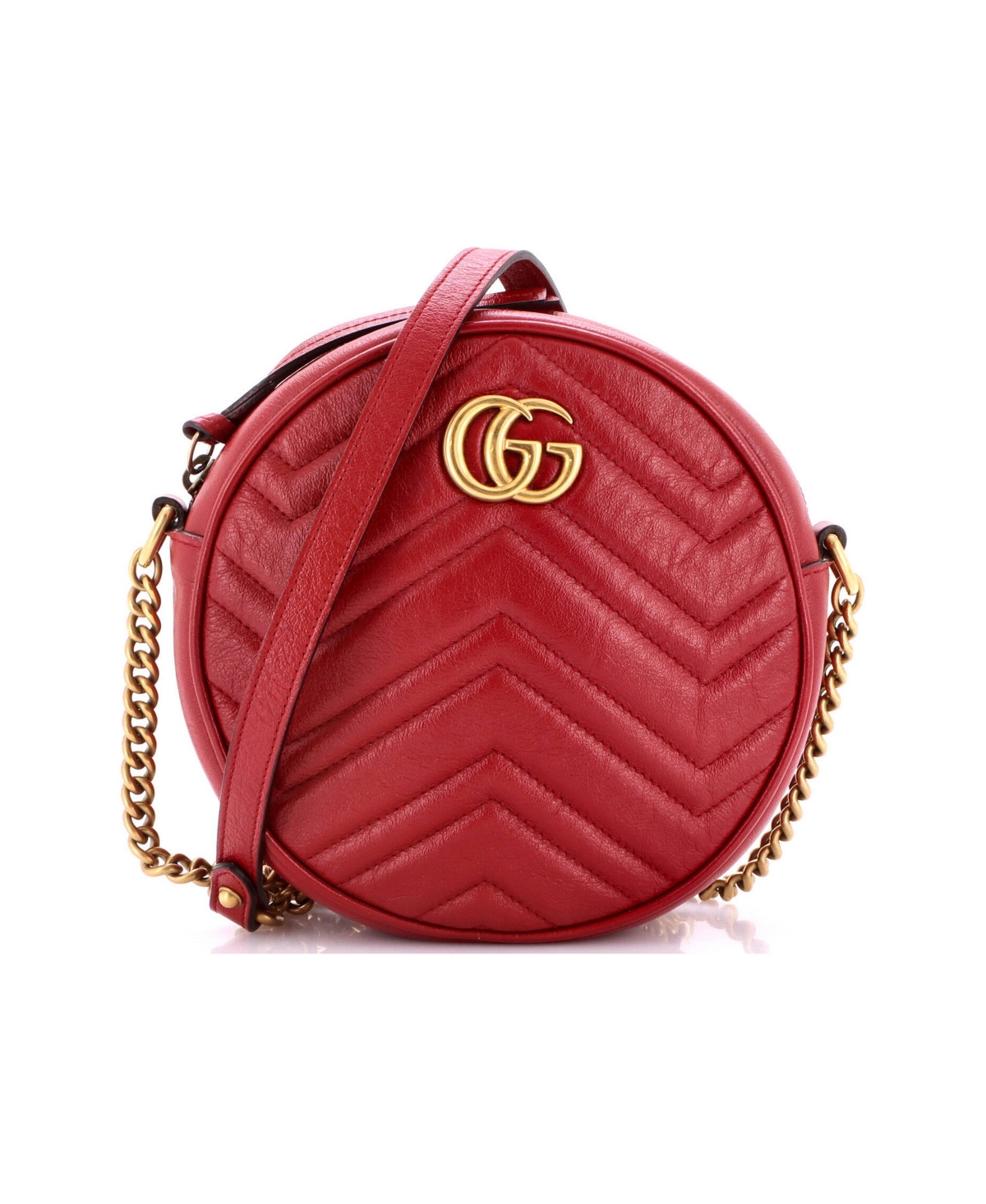 Pre-Owned Gucci Mini Gg Marmont Round Shoulder Bag Matelasse Leather - Red