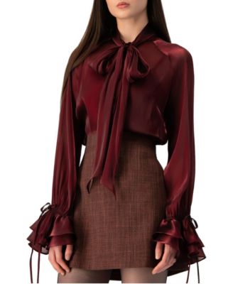 Women's High-Neck Long-Sleeve Satin Blouse
