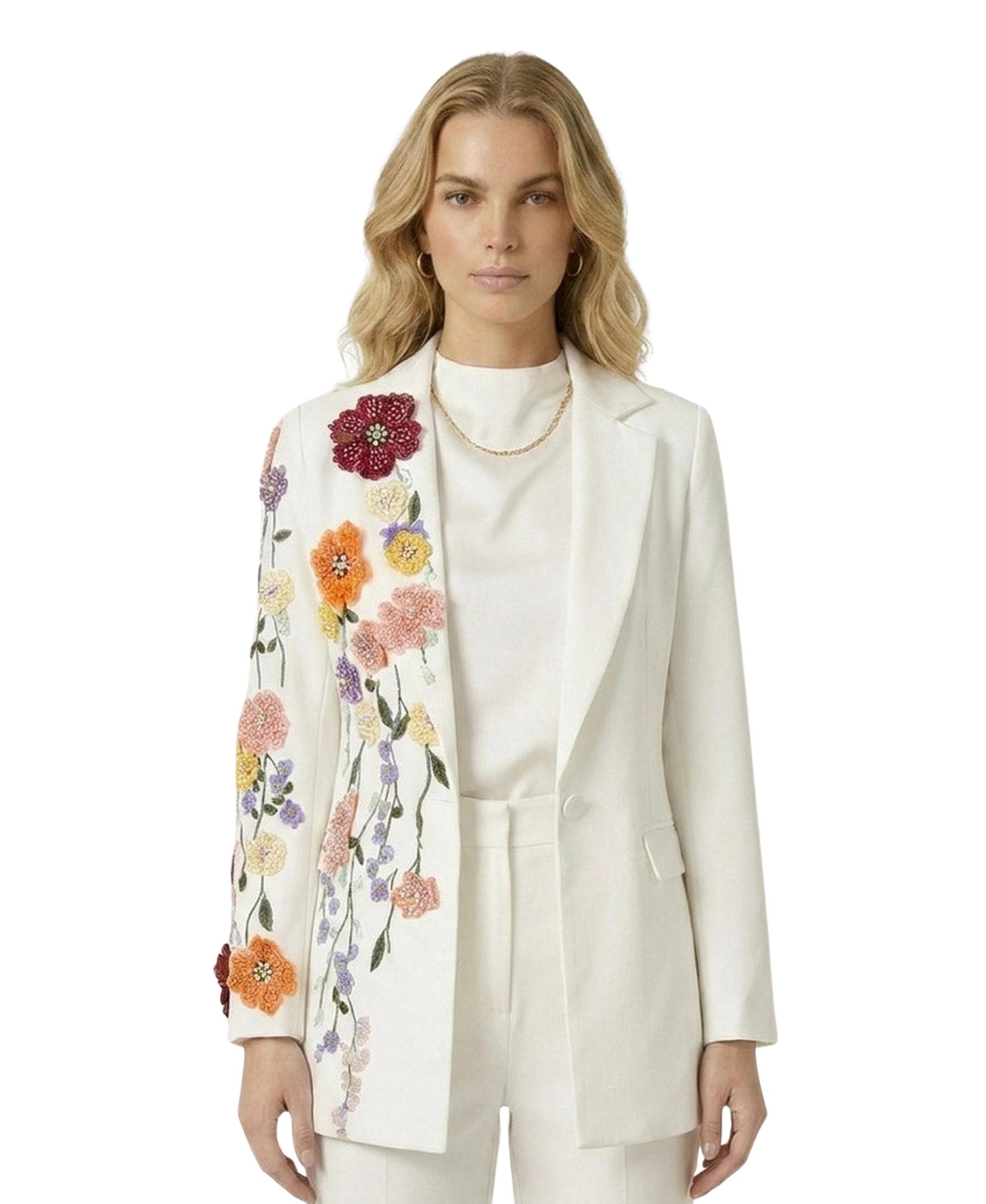 Modenaire Women's Floral Embroidered Notch-Lapel Blazer - White