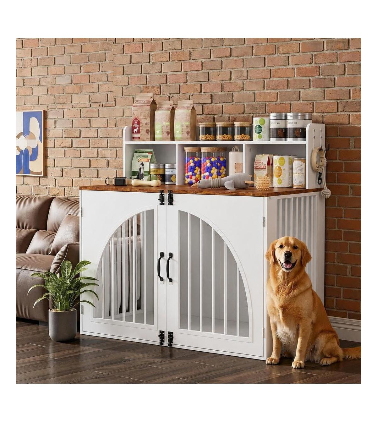 Lalfpet Stylish Wooden Dog Crate Furniture with Storage Shelves for Large Dogs - White L
