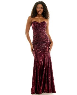 Juniors' Strapless Sweetheart Foil Lace Drop-Waist Gown