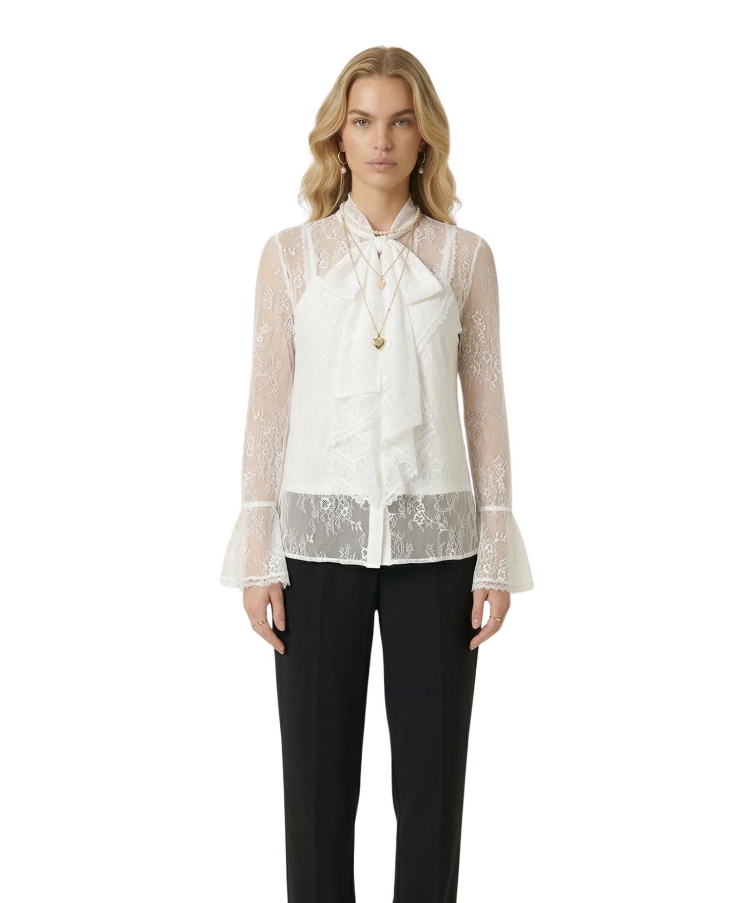 Женская блузка Modenaire Sheer Lace Ruffle-Front Floral — фото 6