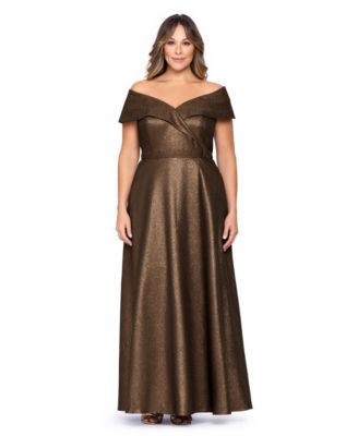 Plus Size Wedding Guest Off-the-Shoulder Metallic Brocade Gown