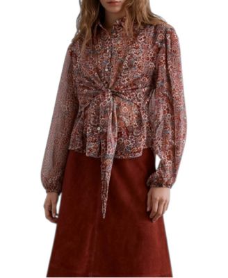 Women's Floral-Print Long-Sleeve Tie-Front Blouse