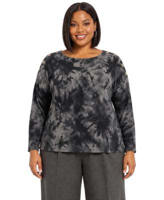 Plus Size Tie Dye Cozy Button Shoulder Long Sleeve Top