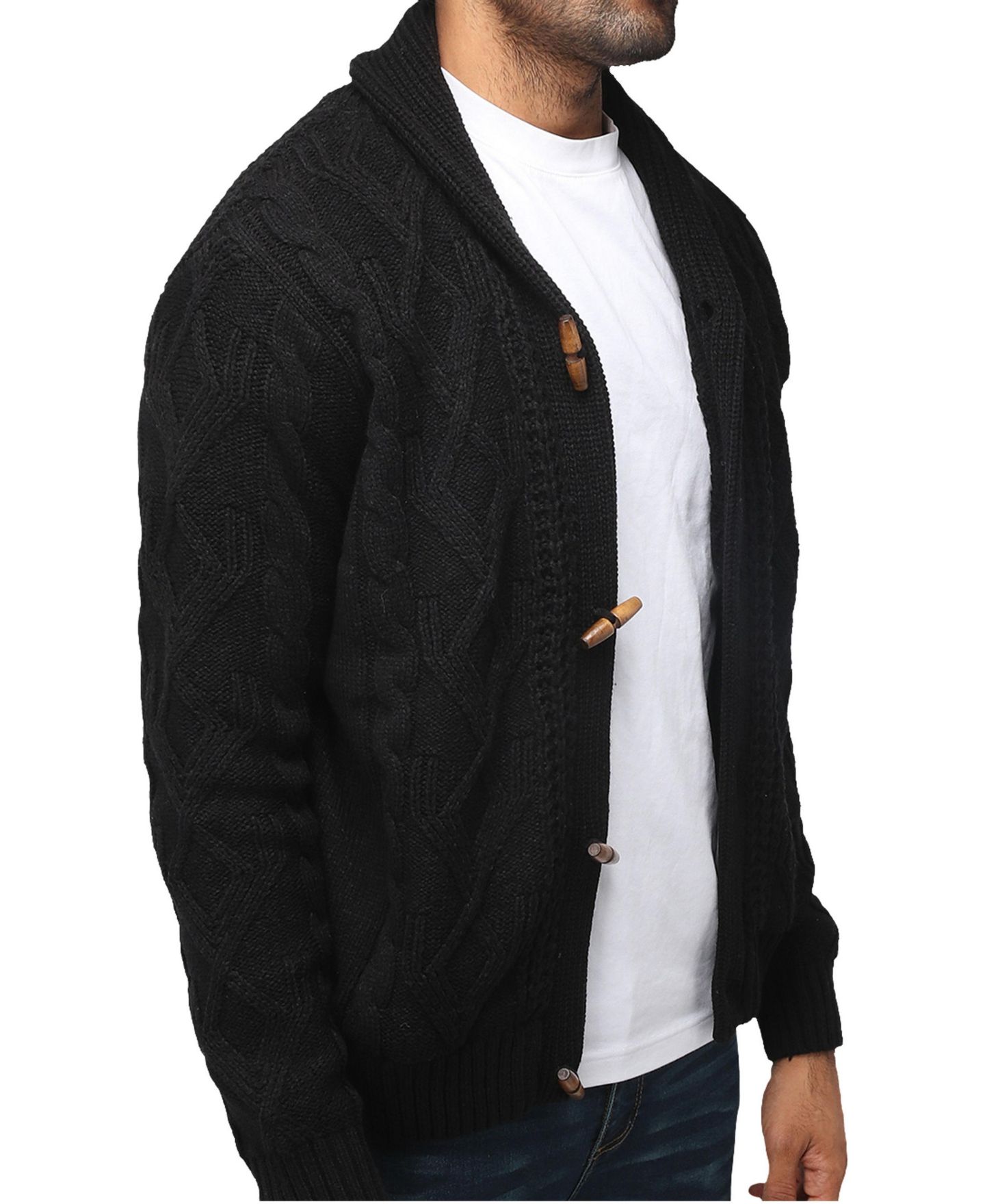 Мужской кардиган XRAY Big & Tall Faux Shearling Lined Shawl Collar Cable Knit Cardigan, цвет: Чёрный — фото 4