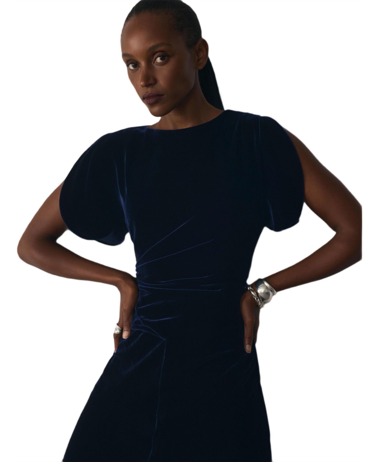Женское платье The Fold Salerno Velvet A-Line Ruched Midi, цвет: Тёмно-синий — фото 4