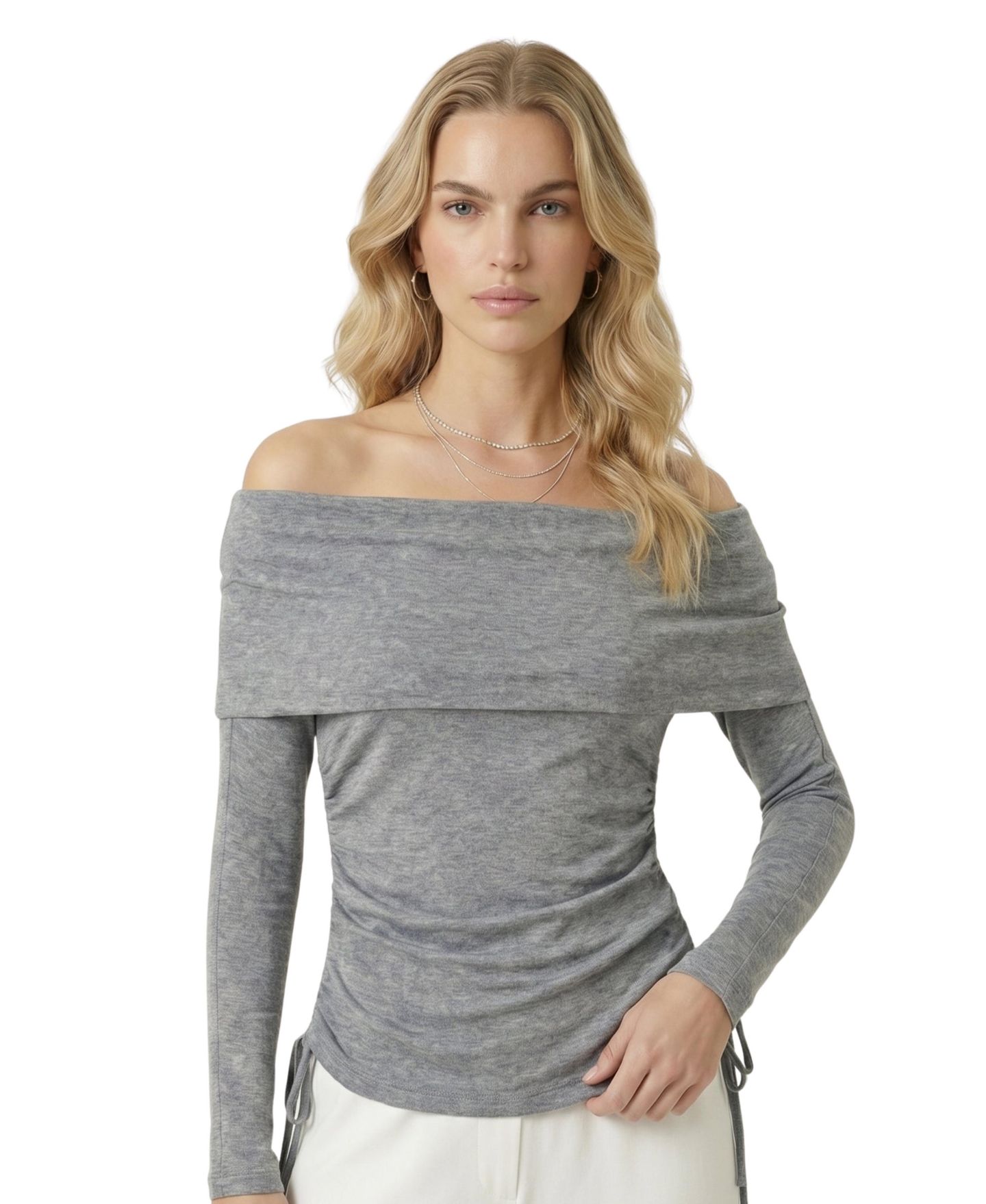 Женский топ Modenaire Off-Shoulder Long-Sleeve Ruched, цвет: Меланжевый серый — фото 9
