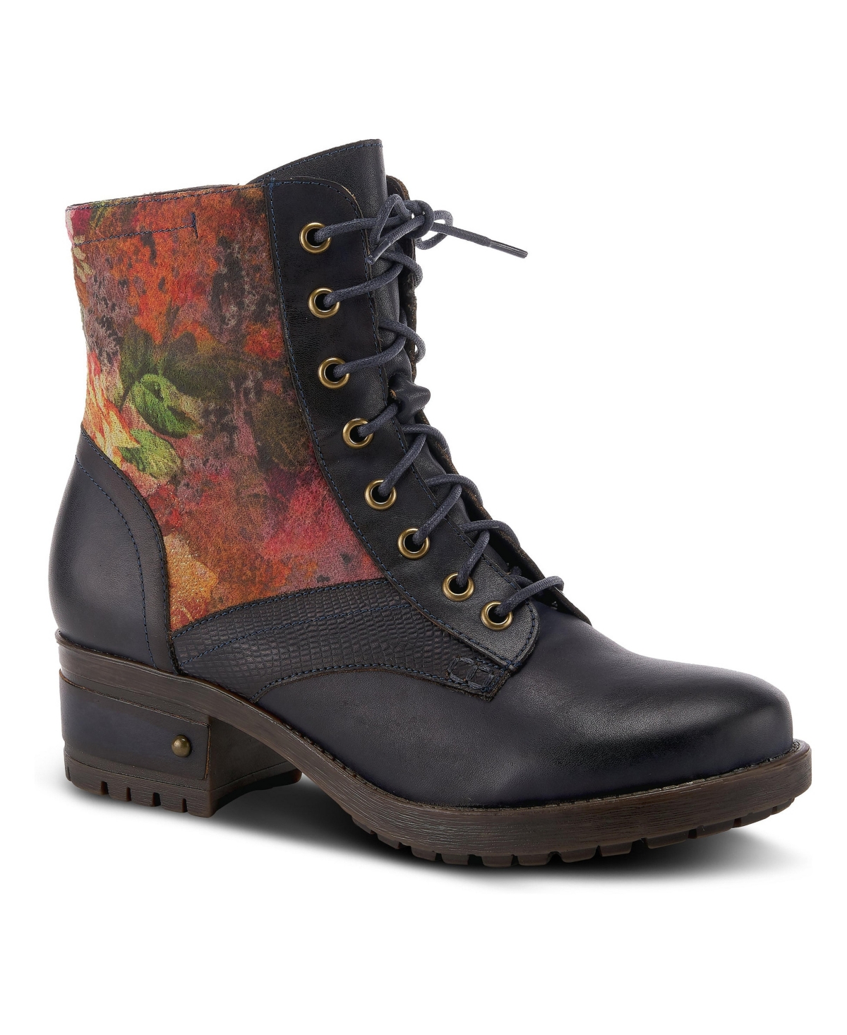 L'Artiste Women's Marty Hand-Painted Leather Round-Toe Mid-Heel Boots - Navy