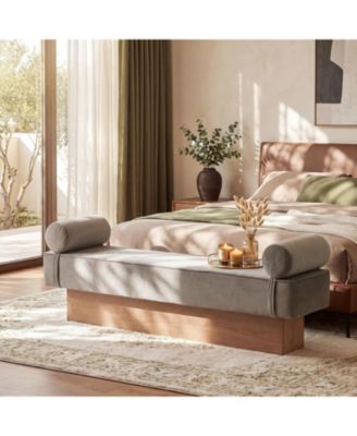 64" End of Bed Bench with Solid Wood Base, Gray Velvet, Upholstered Bedroom Bench with Bolster Pillows, High-Resilience Cushion