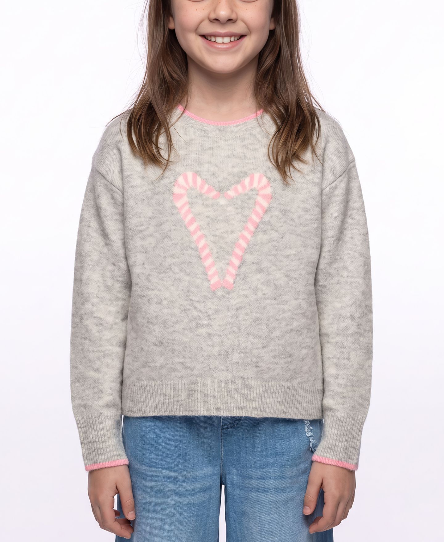 Свитер CeCe Candy Cane Heart Long-Sleeve Crewneck для девочек, цвет: Светлый пастельный серый — фото 1