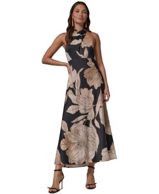 Petite Halter Satin Midi Floral Asymmetrical-Hem Dress