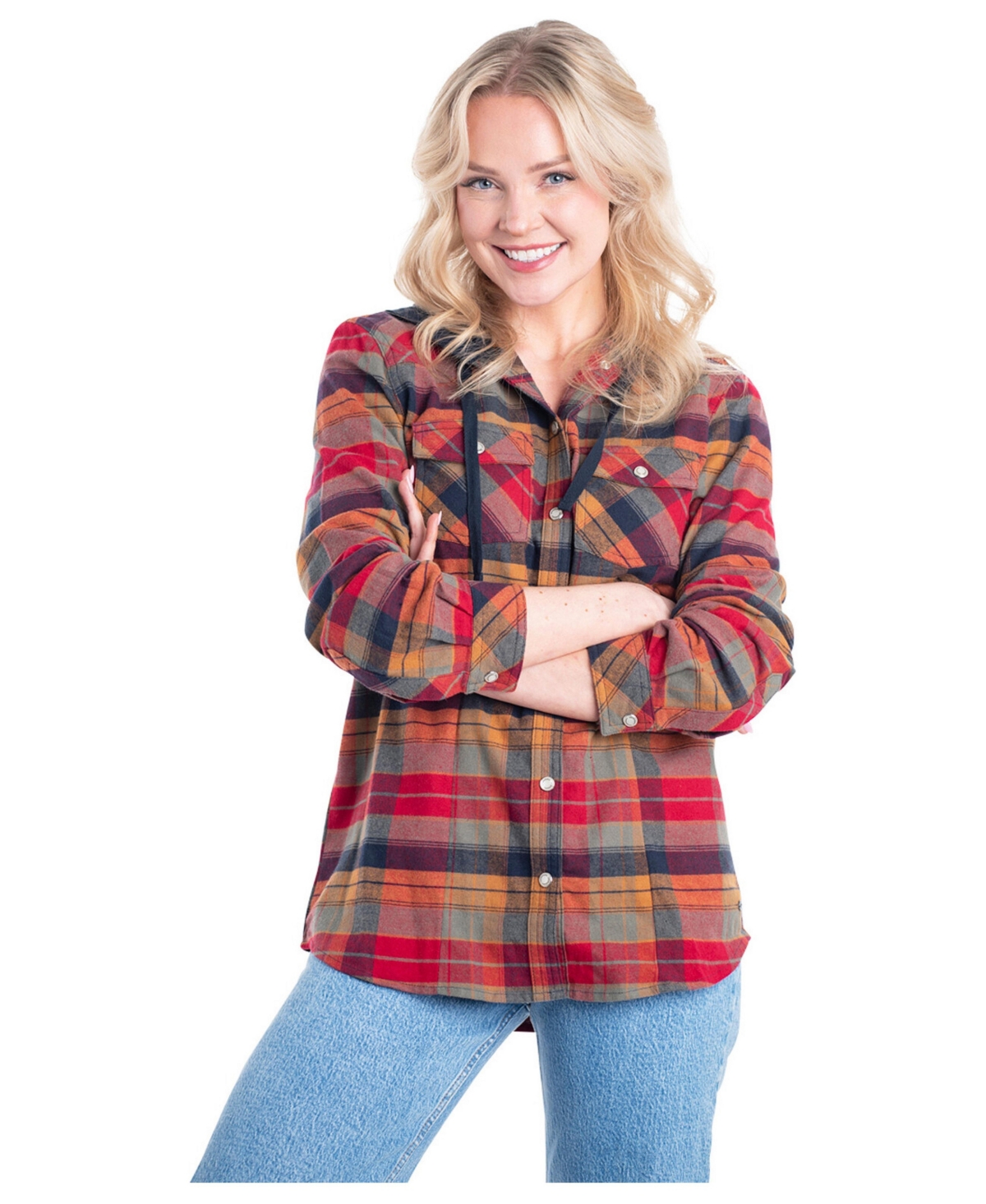 Legendary Whitetails Women's Lumber Jane Plaid Hooded Long-Sleeve Button-Up Shirt - Falling leaves plaid