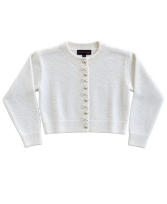 Girls' 7-16 Cropped Crewneck Imitation Pearl Bow Button Cardigan