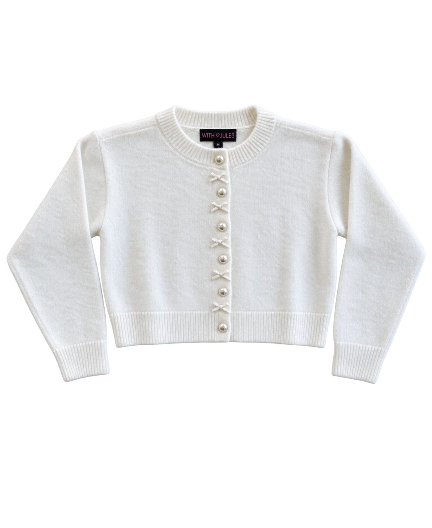 Кардиган With Jules Cropped Crewneck Imitation Pearl Bow Button для девочек, цвет: Белый — фото 1