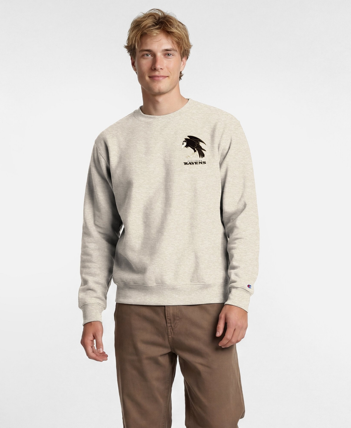 Champion Men's Disney x Oatmeal Baltimore Ravens Power blend Left Chest Fullback Crew Sweatshirt - Oatmeal