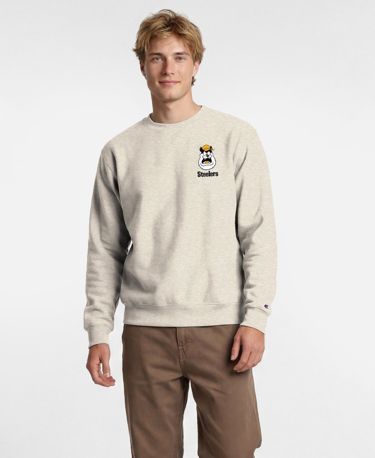 Champion Men's Disney x Oatmeal Pittsburgh Steelers Power blend Left Chest Fullback Crew Sweatshirt - Oatmeal
