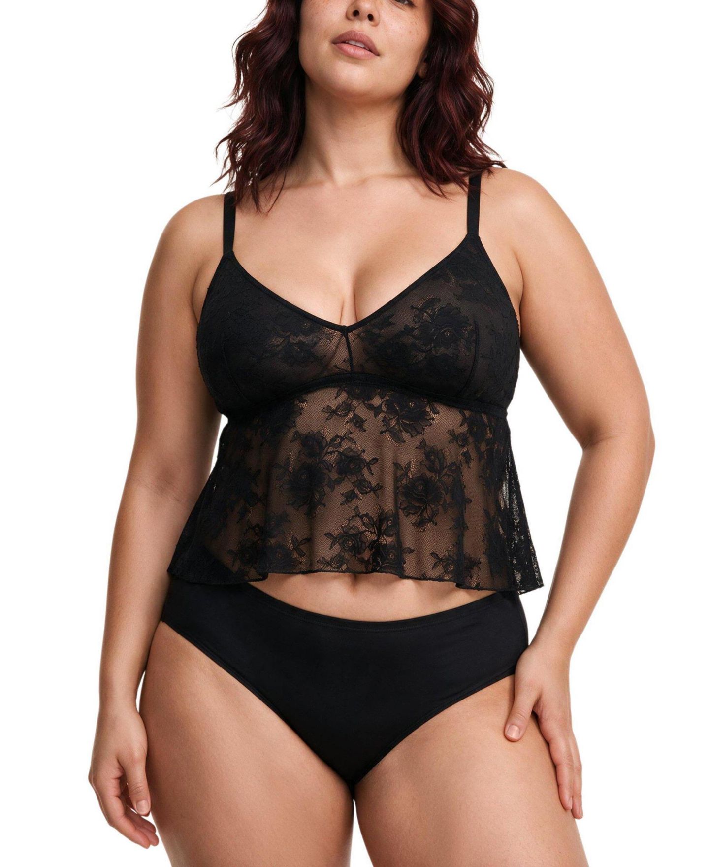 Женский топ Torrid Plus Size Nadia V-Neck Wireless Lace, цвет: Насыщенный чёрный — фото 1
