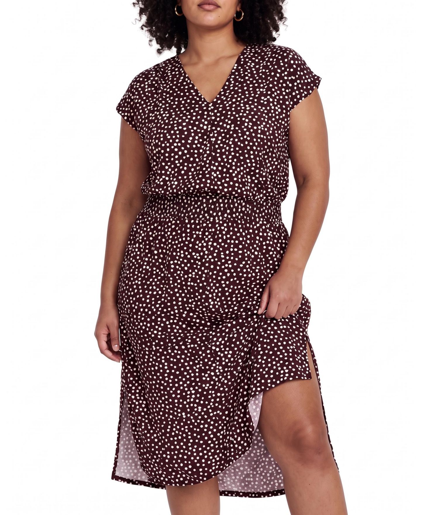Женское платье Universal Standard Plus Size Tish Divine V-Neck Short-Sleeve Polka Dot Midi, цвет: Коричневый / Белый с принтом — фото 1
