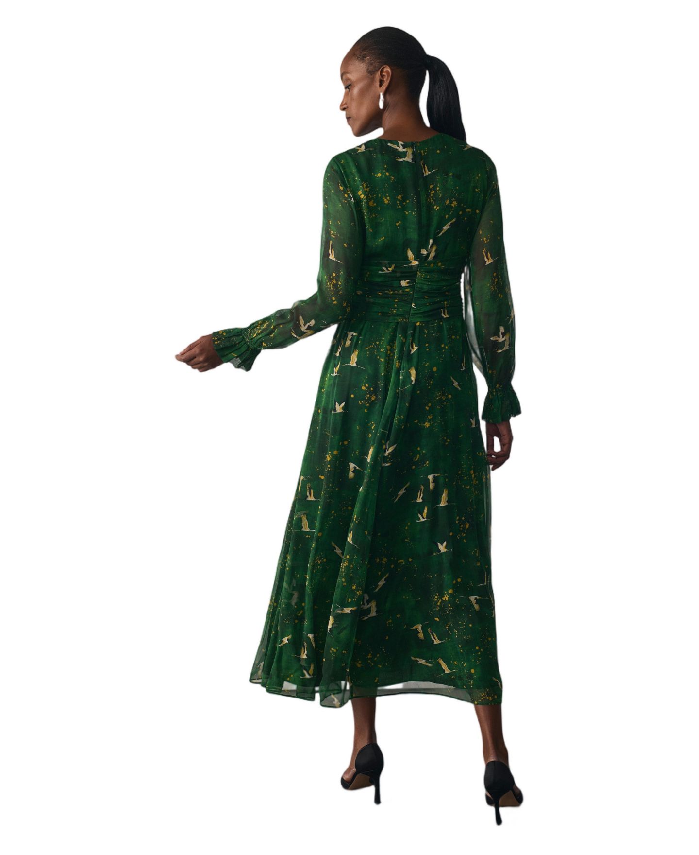 Женское платье The Fold Portofino Silk Chiffon A-Line Long-Sleeve Midi, цвет: Зелёный — фото 3
